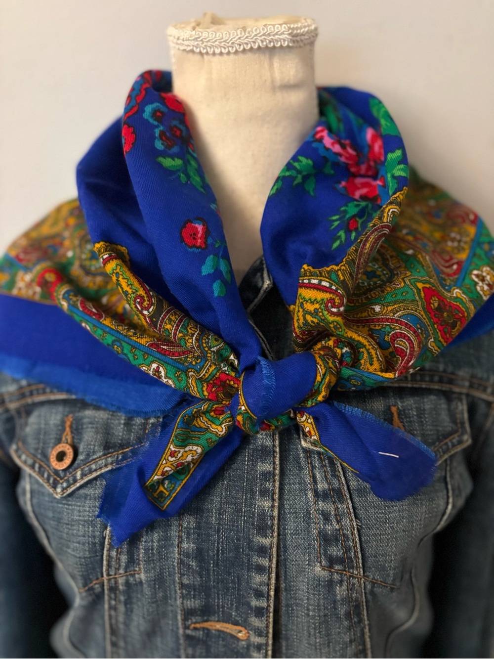 Vintage Slavic Floral Folk Scarf | Royal Blue Paisley Babushka Shaw